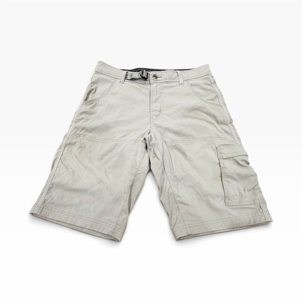 prAna Mens Beige Cargo Shorts Cotton Canvas Flat Front Zip Pockets waist 30